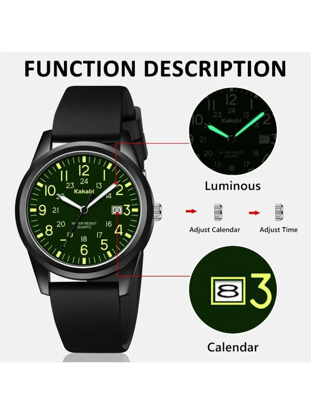 Men's Black Green Comfortable Silicone Strap Unisex Military Analog Casual Watch